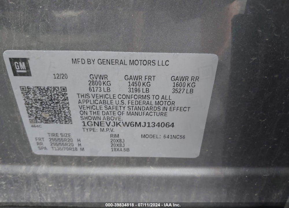 2021 CHEVROLET TRAVERSE AWD RS VIN: 1GNEVJKW6MJ134064