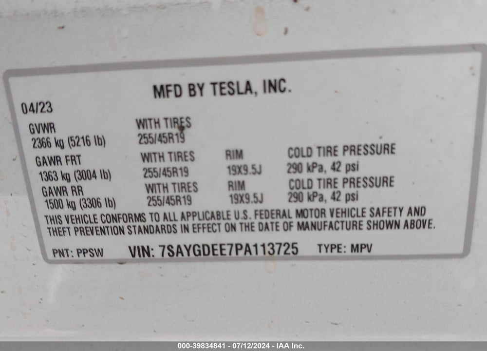 2023 TESLA MODEL Y AWD/LONG RANGE DUAL MOTOR ALL-WHEEL DRIVE VIN: 7SAYGDEE7PA113725