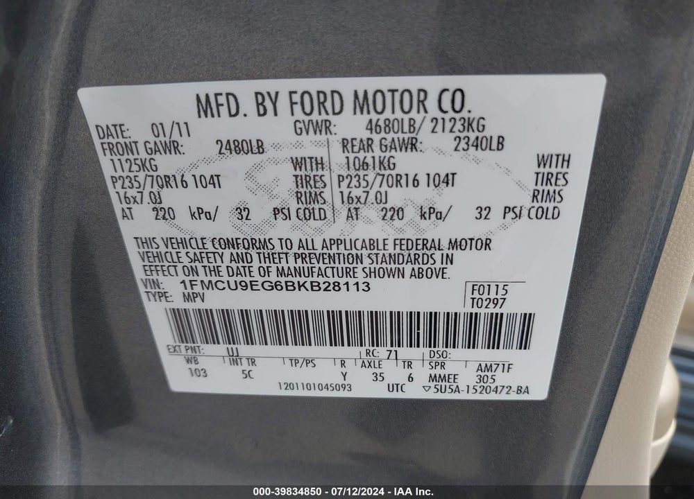2011 FORD ESCAPE LIMITED VIN: 1FMCU9EG6BKB28113