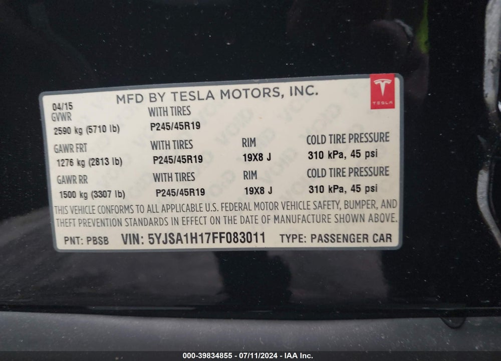 2015 TESLA MODEL S 60/70/85 VIN: 5YJSA1H17FF083011