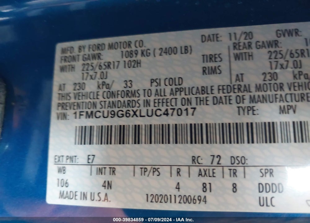 2020 FORD ESCAPE SE VIN: 1FMCU9G6XLUC47017