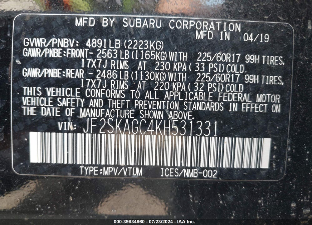 2019 SUBARU FORESTER PREMIUM VIN: JF2SKAGC4KH531331