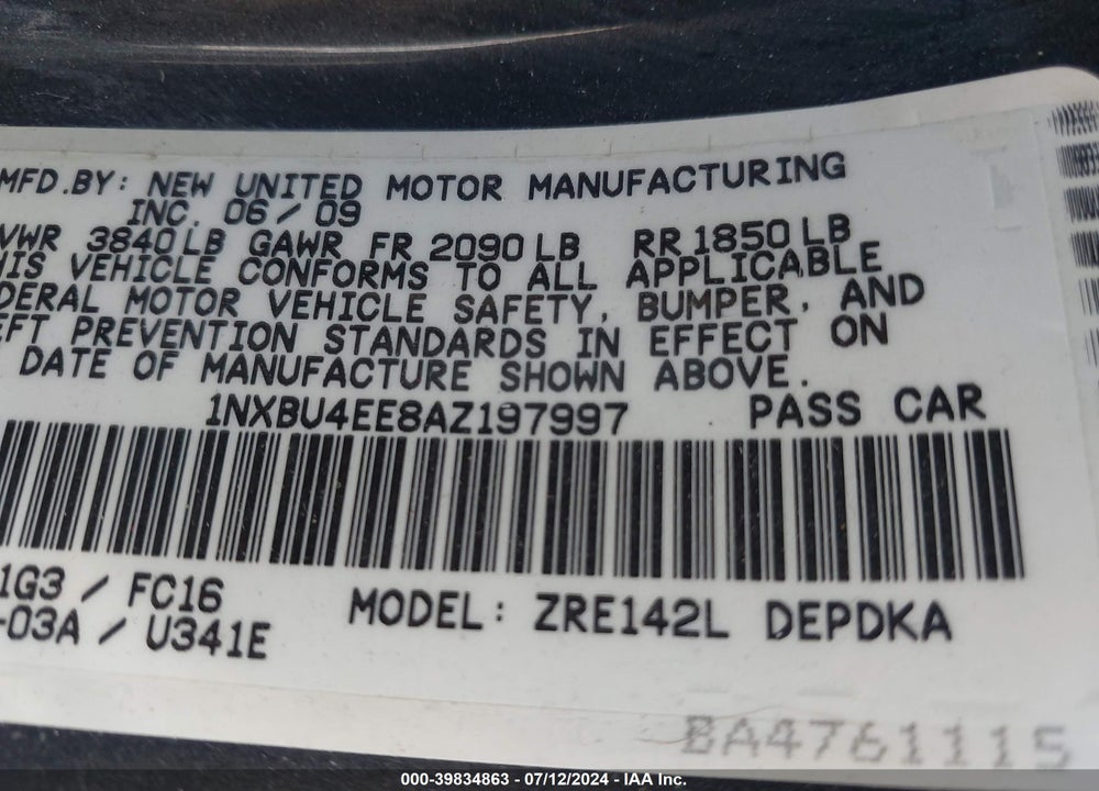 2010 TOYOTA COROLLA LE VIN: 1NXBU4EE8AZ197997