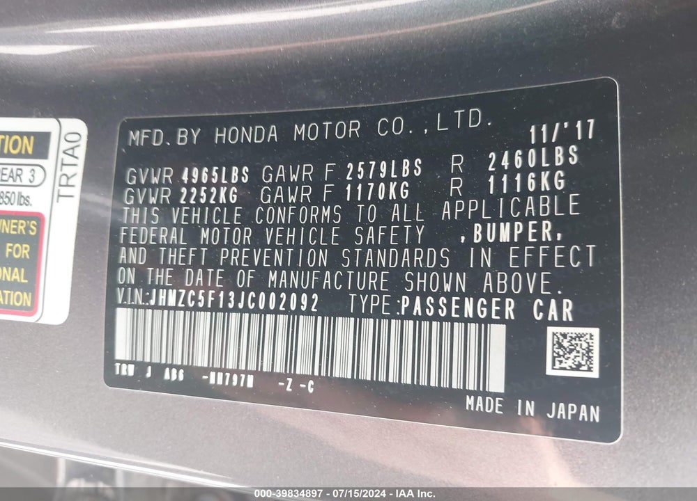 2018 HONDA CLARITY PLUG-IN HYBRID VIN: JHMZC5F13JC002092