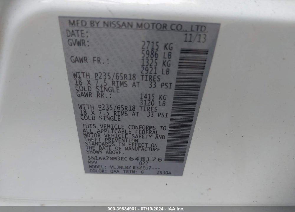 2014 NISSAN PATHFINDER S VIN: 5N1AR2MM3EC648176