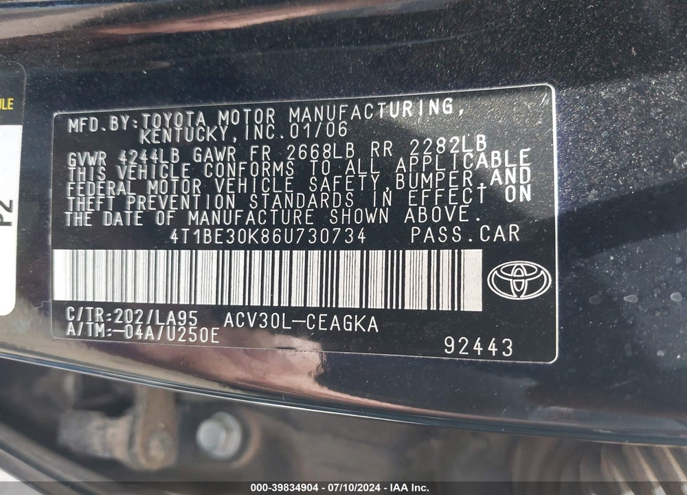 2006 TOYOTA CAMRY XLE VIN: 4T1BE30K86U730734