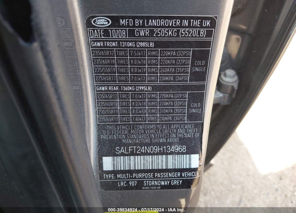 2009 LAND ROVER LR2 VIN: SALFT24N09H134968