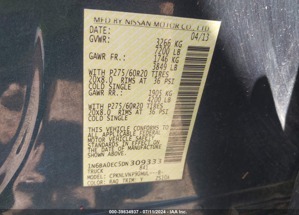 2013 NISSAN TITAN SL VIN: 1N6BA0EC5DN309333