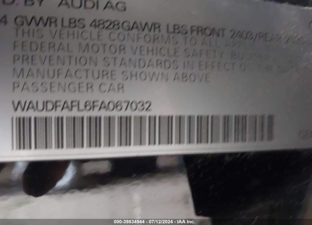 2015 AUDI A4 2.0T PREMIUM VIN: WAUDFAFL6FA067032