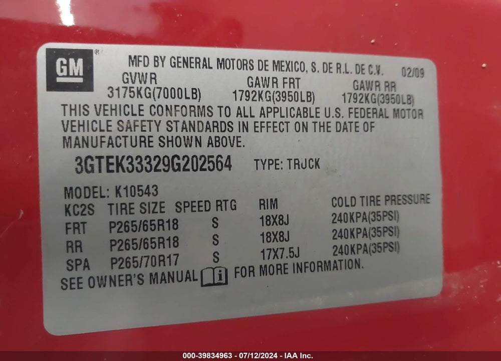 2009 GMC SIERRA 1500 SLT VIN: 3GTEK33329G202564