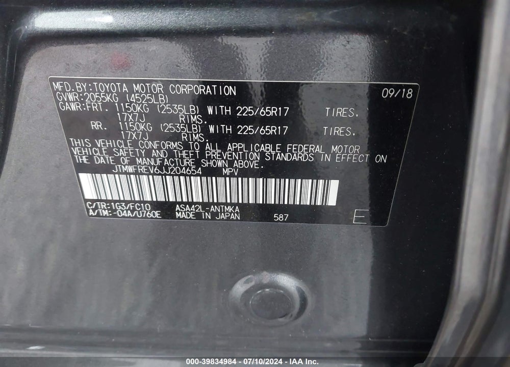 2018 TOYOTA RAV4 XLE VIN: JTMWFREV6JJ204654