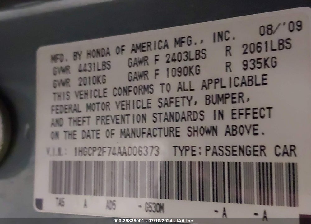 2010 HONDA ACCORD 2.4 EX VIN: 1HGCP2F74AA006373
