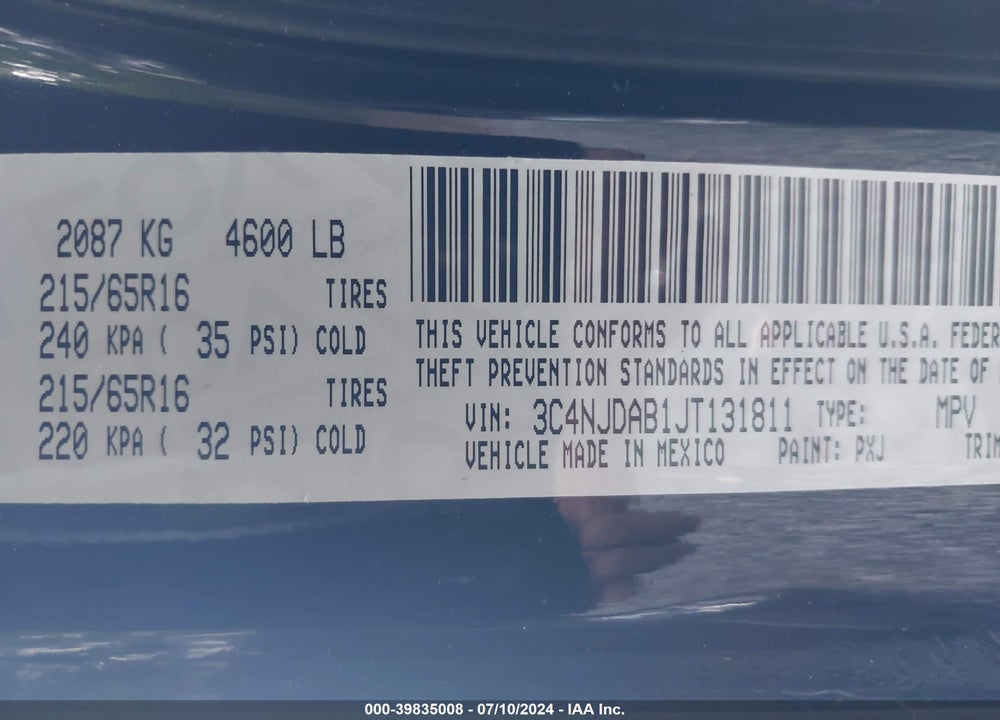2018 JEEP COMPASS SPORT 4X4 VIN: 3C4NJDAB1JT131811