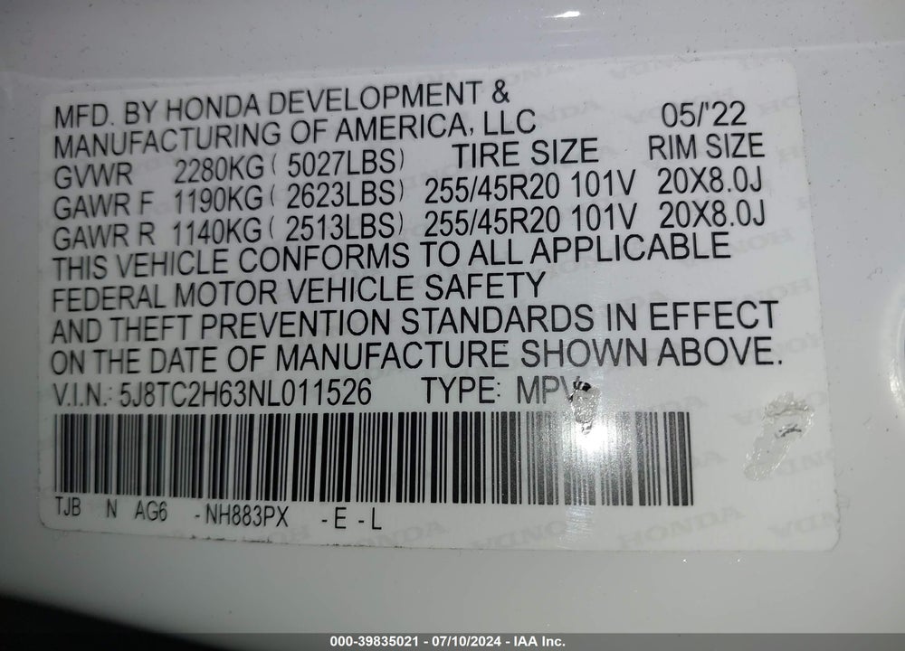 2022 ACURA RDX A-SPEC PACKAGE VIN: 5J8TC2H63NL011526