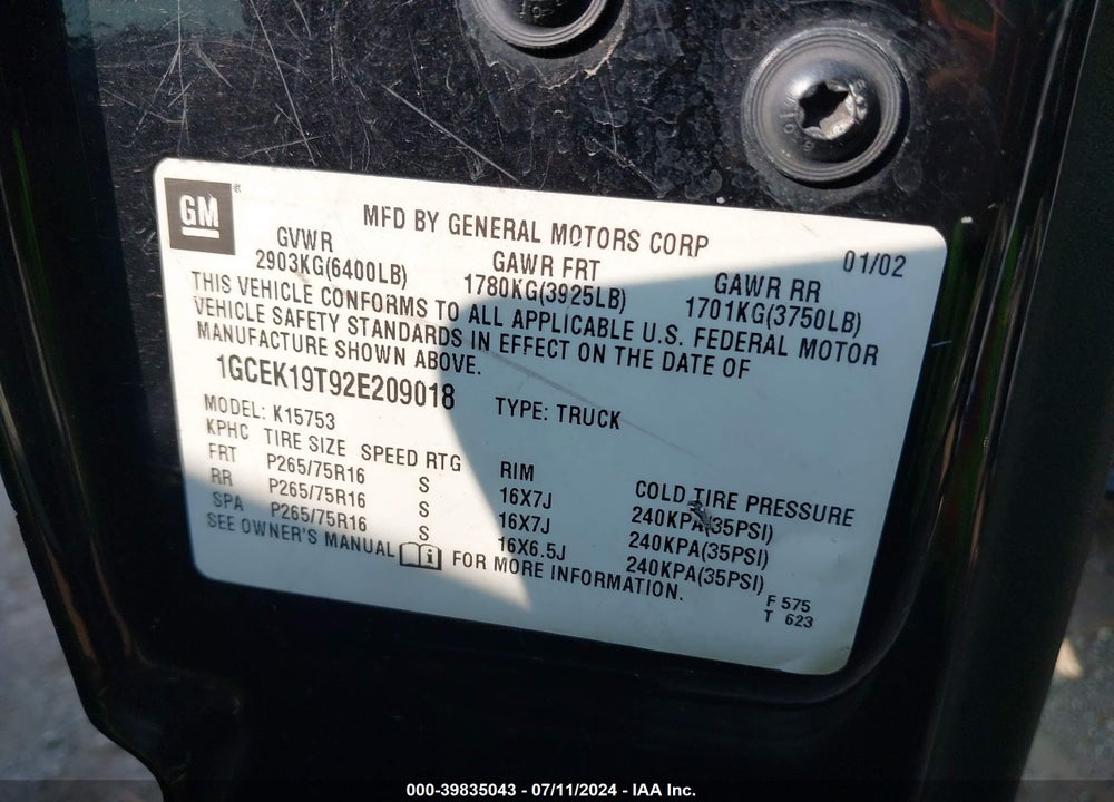 2002 CHEVROLET SILVERADO 1500 LT VIN: 1GCEK19T92E209018