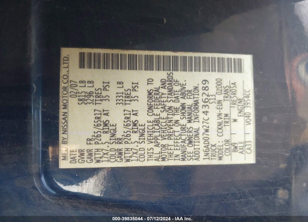 2007 NISSAN FRONTIER LE VIN: 1N6AD07W27C436289