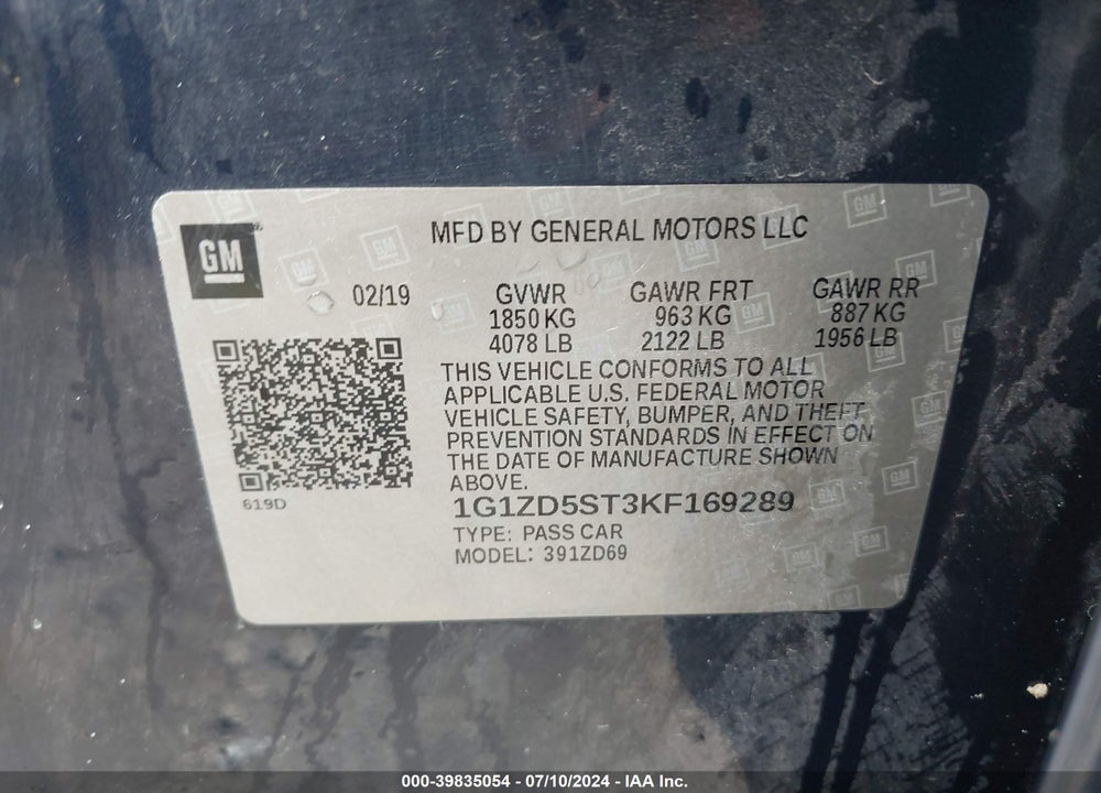 2019 CHEVROLET MALIBU LT VIN: 1G1ZD5ST3KF169289