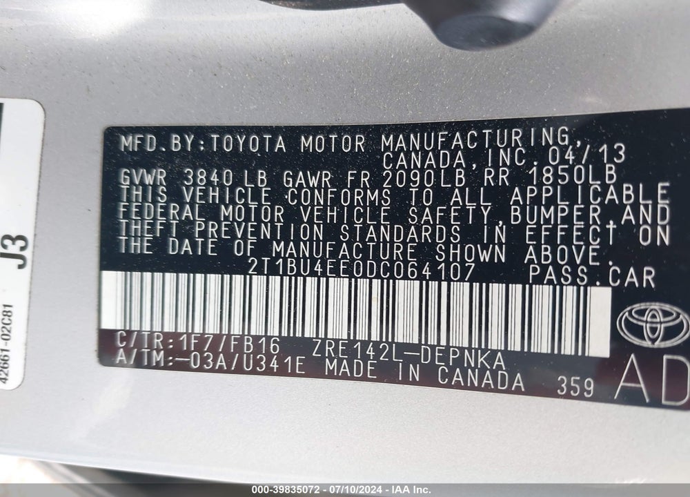 2013 TOYOTA COROLLA LE VIN: 2T1BU4EE0DC064107