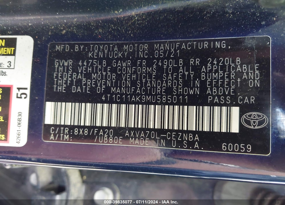 2021 TOYOTA CAMRY LE VIN: 4T1C11AK9MU585011
