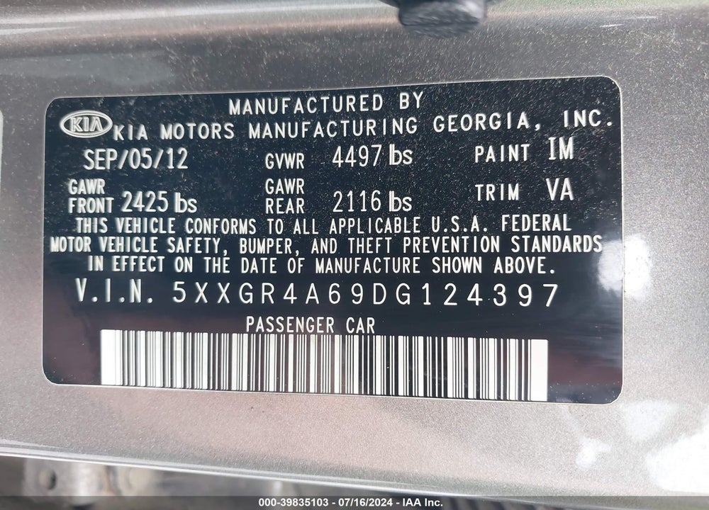 2013 KIA OPTIMA SX VIN: 5XXGR4A69DG124397