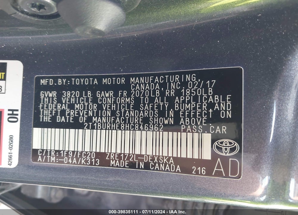 2017 TOYOTA COROLLA SE VIN: 2T1BURHE8HC846962
