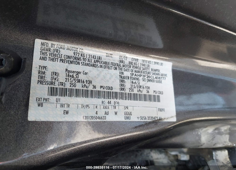 2012 FORD FOCUS VIN: 1FAHP3F26CL408777