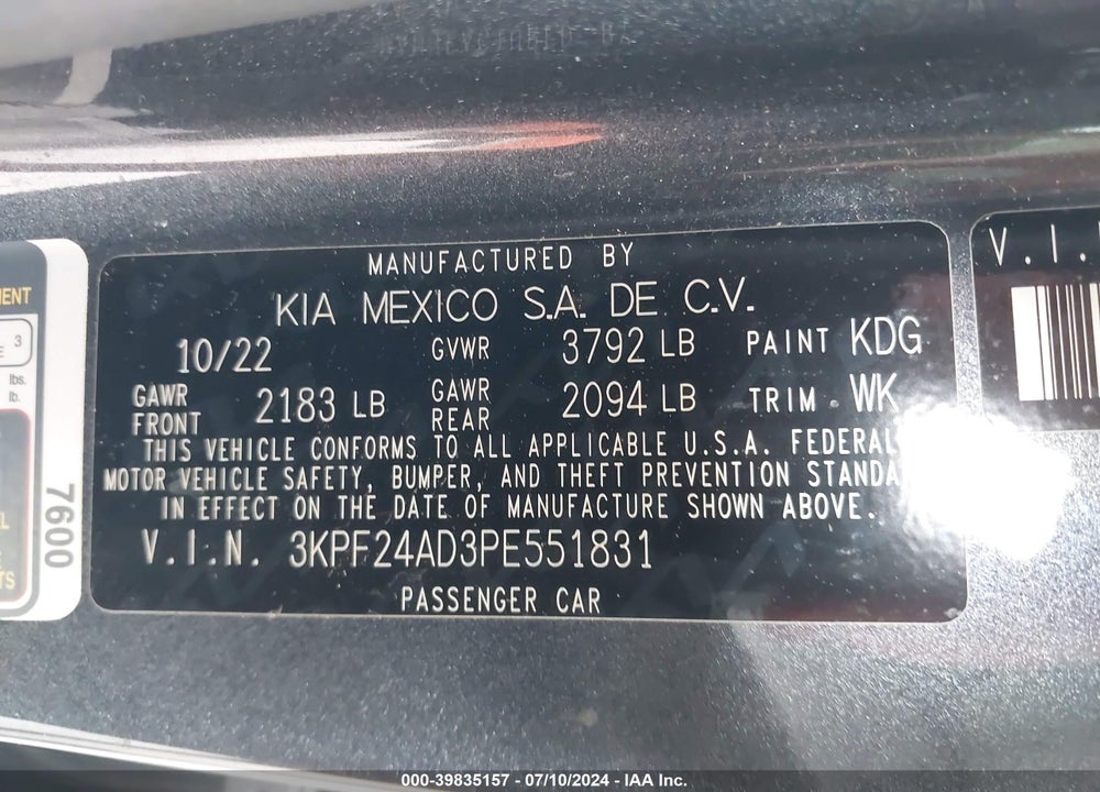 2023 KIA FORTE LX VIN: 3KPF24AD3PE551831