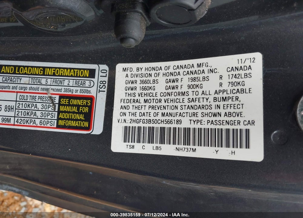2012 HONDA CIVIC LX VIN: 2HGFG3B50CH566189