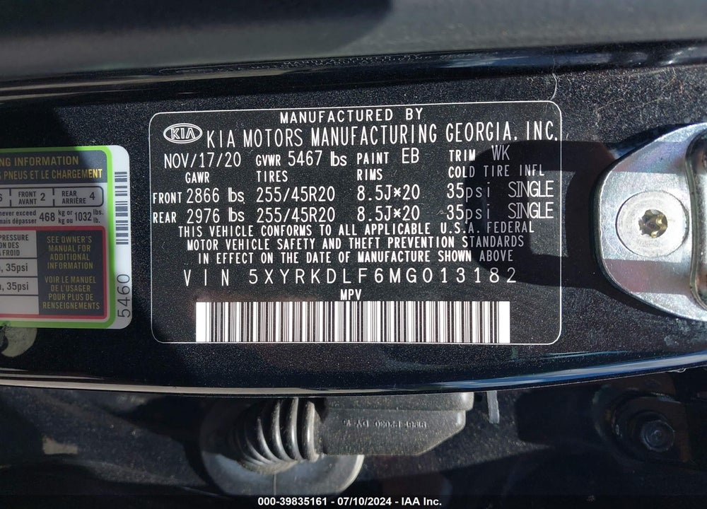 2021 KIA SORENTO SX VIN: 5XYRKDLF6MG013182