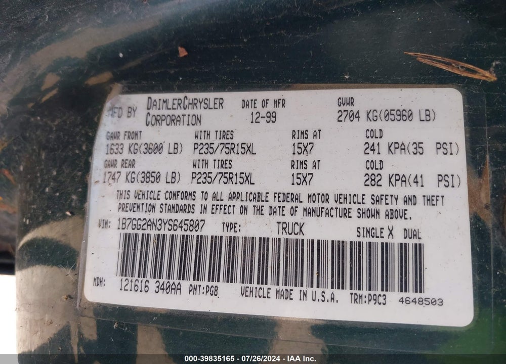 2000 DODGE DAKOTA SLT/SPORT VIN: 1B7GG2AN3YS645807