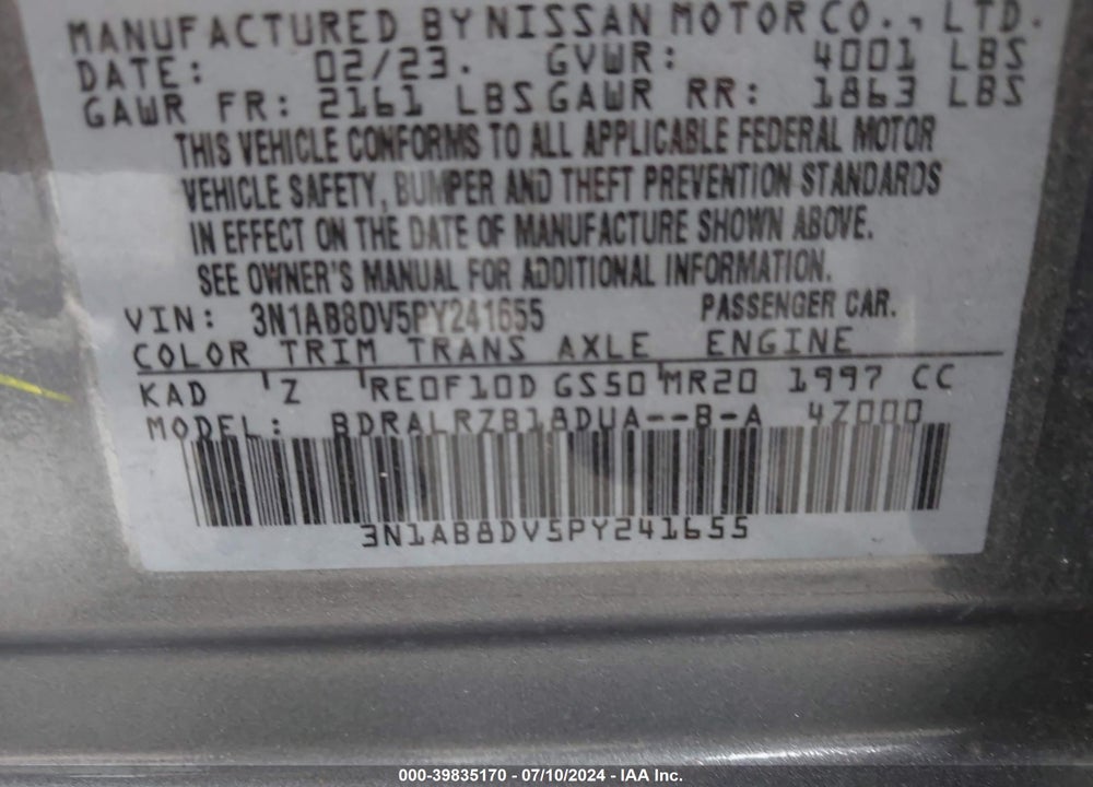 2023 NISSAN SENTRA SR XTRONIC CVT VIN: 3N1AB8DV5PY241655