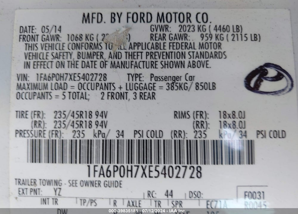 2014 FORD FUSION SE VIN: 1FA6P0H7XE5402728
