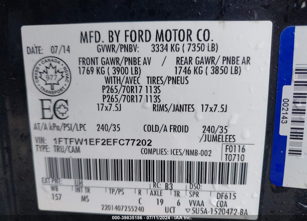 2014 FORD F-150 XLT VIN: 1FTFW1EF2EFC77202