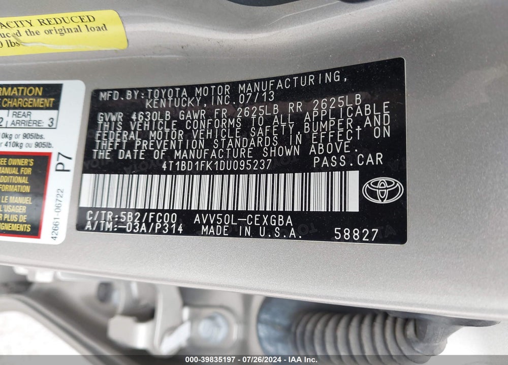 2013 TOYOTA CAMRY HYBRID XLE VIN: 4T1BD1FK1DU095237