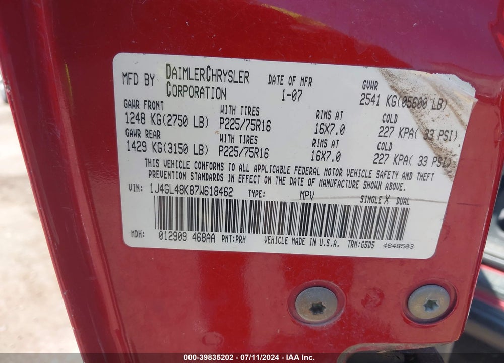 2007 JEEP LIBERTY SPORT VIN: 1J4GL48K87W618462