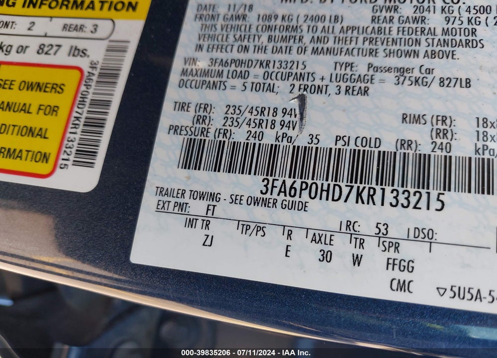 2019 FORD FUSION SE VIN: 3FA6P0HD7KR133215