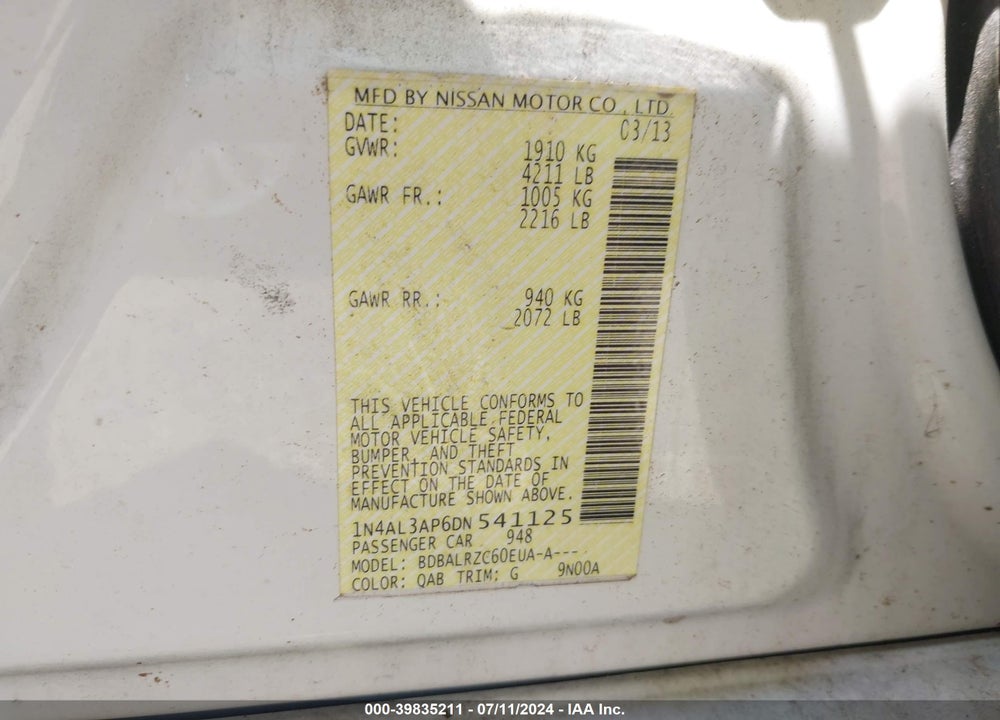 2013 NISSAN ALTIMA 2.5 S VIN: 1N4AL3AP6DN541125