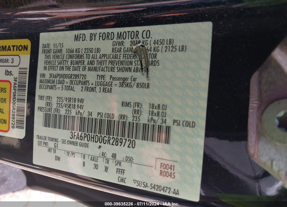 2016 FORD FUSION SE VIN: 3FA6P0HD0GR289720