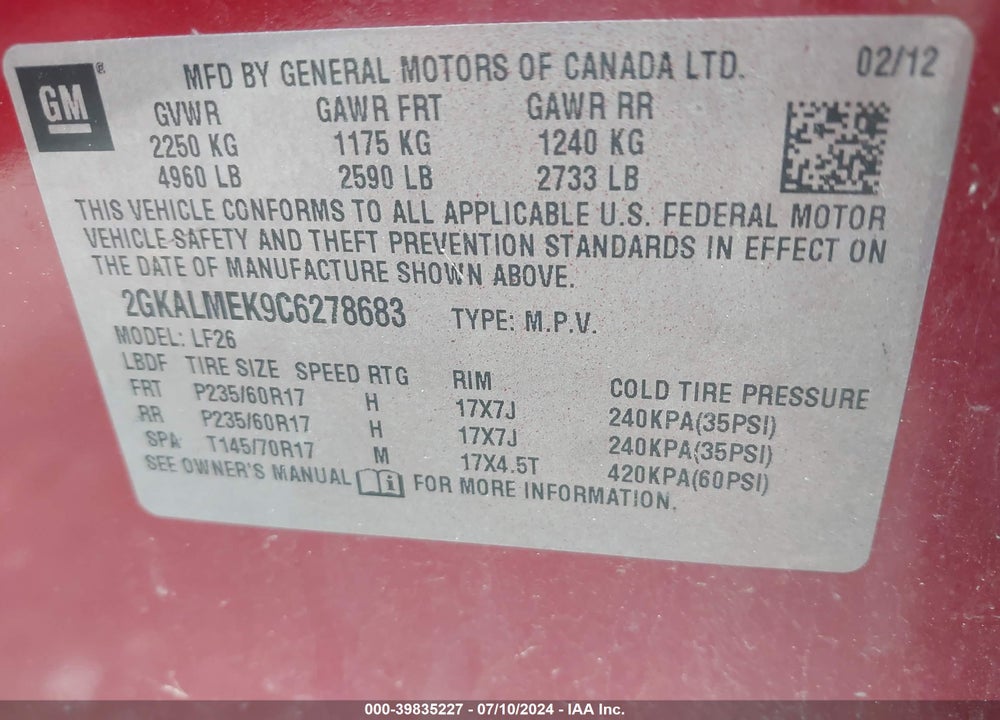 2012 GMC TERRAIN SLE-1 VIN: 2GKALMEK9C6278683