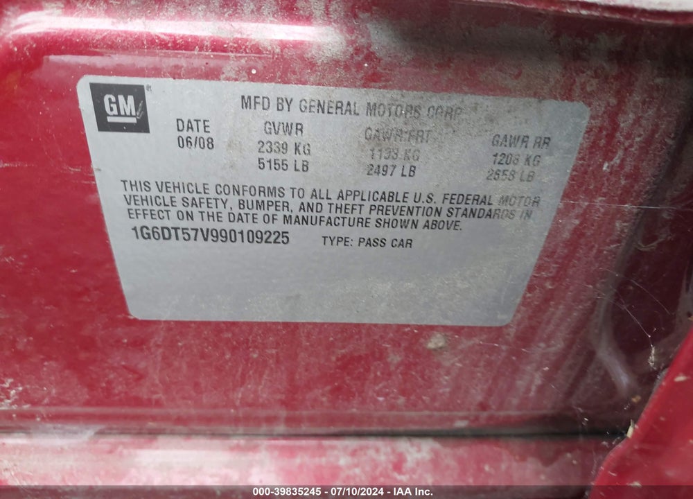 2009 CADILLAC CTS STANDARD VIN: 1G6DT57V990109225
