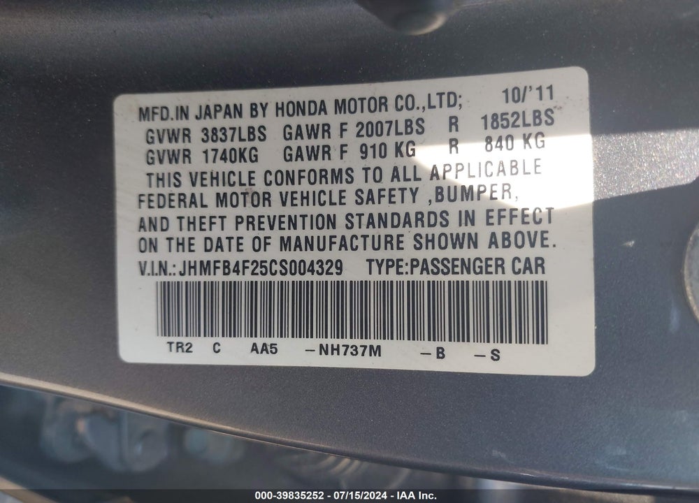 2012 HONDA CIVIC HYBRID VIN: JHMFB4F25CS004329