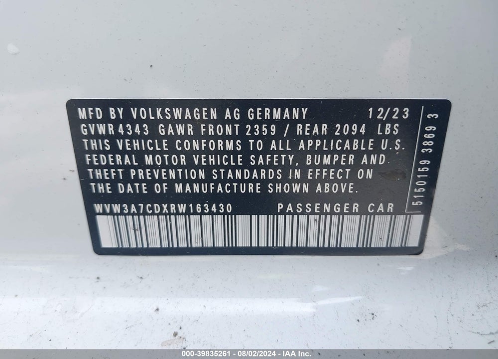 2024 VOLKSWAGEN GOLF GTI 2.0T SE VIN: WVW3A7CDXRW163430