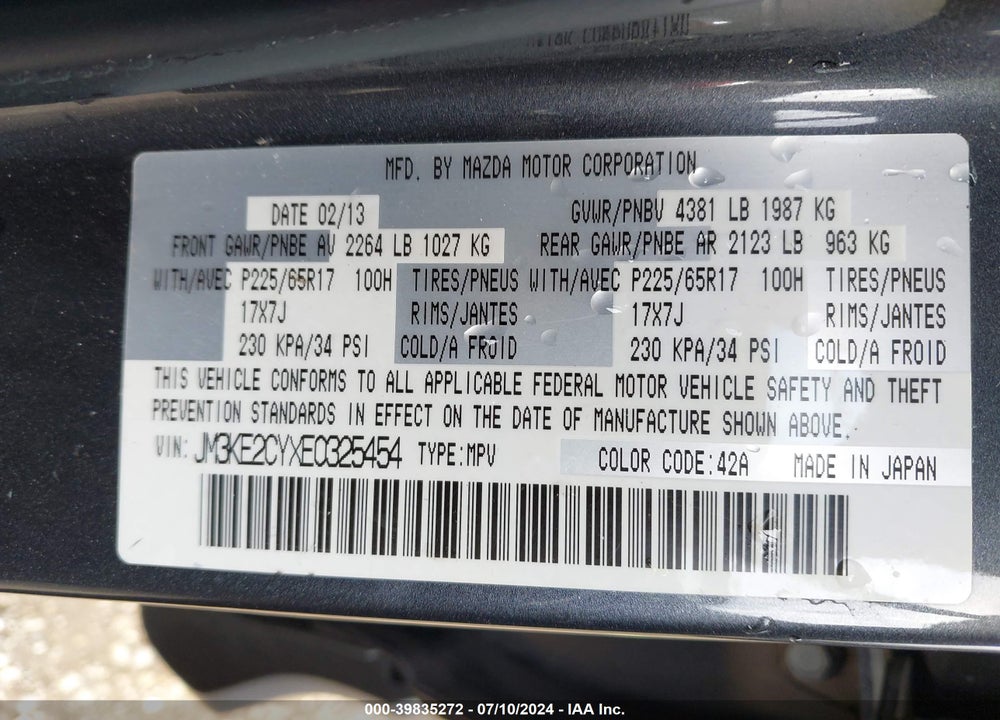 2014 MAZDA CX-5 TOURING VIN: JM3KE2CYXE0325454