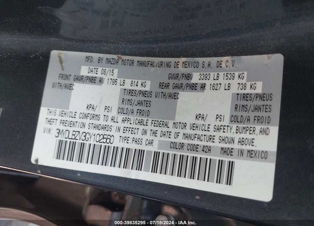 2016 SCION IA VIN: 3MYDLBZV3GY102560