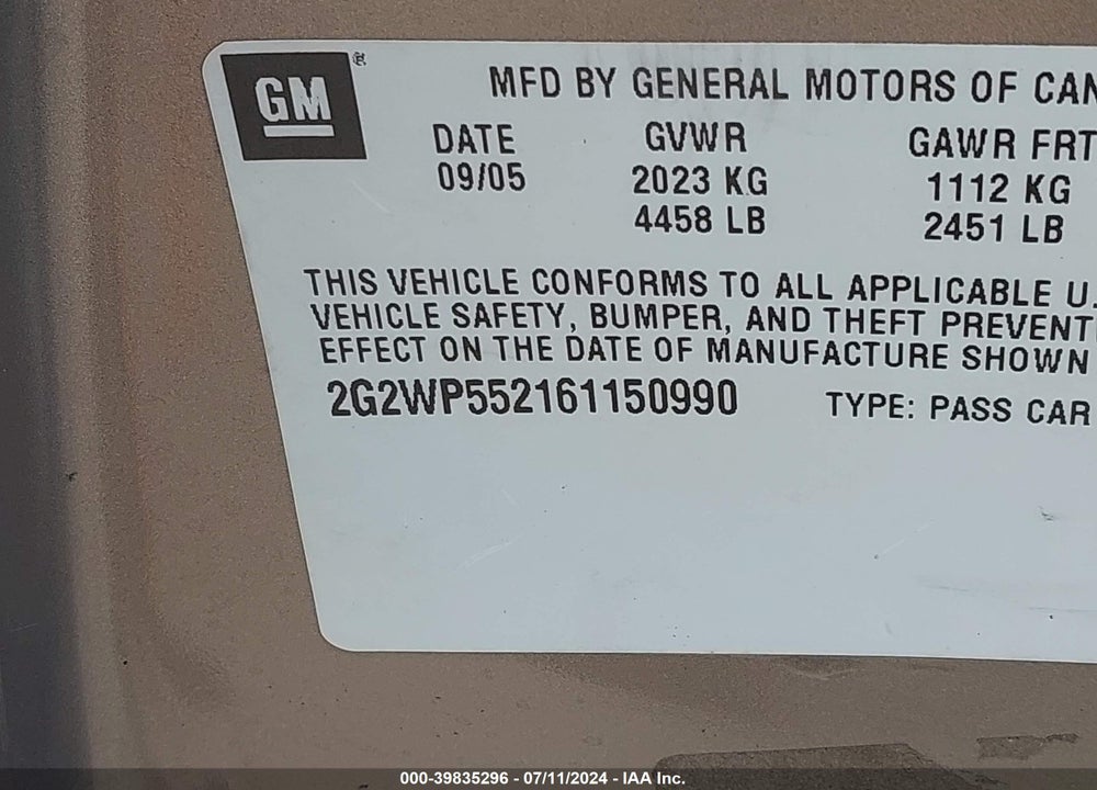 2006 PONTIAC GRAND PRIX VIN: 2G2WP552161150990