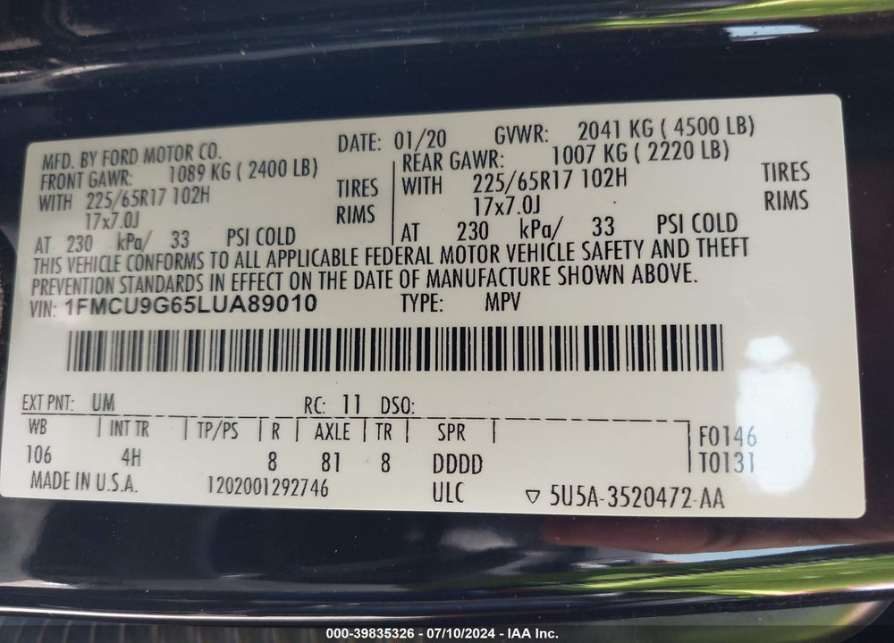 2020 FORD ESCAPE SE VIN: 1FMCU9G65LUA89010