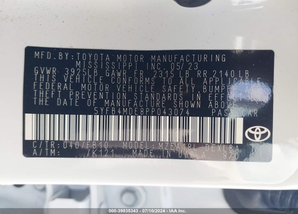 2023 TOYOTA COROLLA LE VIN: 5YFB4MDE8PP043074