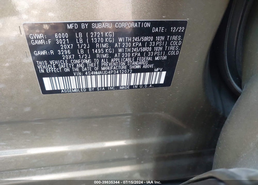 2023 SUBARU ASCENT LIMITED 7-PASSENGER VIN: 4S4WMAUD4P3412072