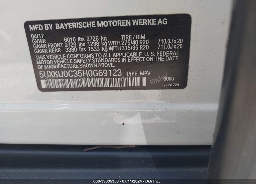 2017 BMW X6 SDRIVE35I VIN: 5UXKU0C35H0G69123