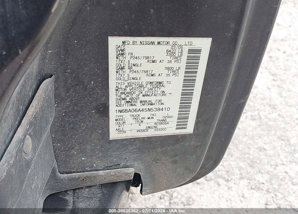 2005 NISSAN TITAN XE VIN: 1N6BA06A45N538410